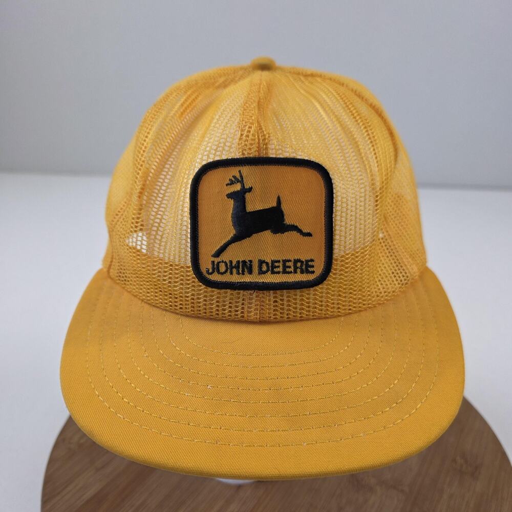 Vintage John‎ Deere Hat Cap Snap Back Yellow Mesh Trucker Patch Mens USA 80s